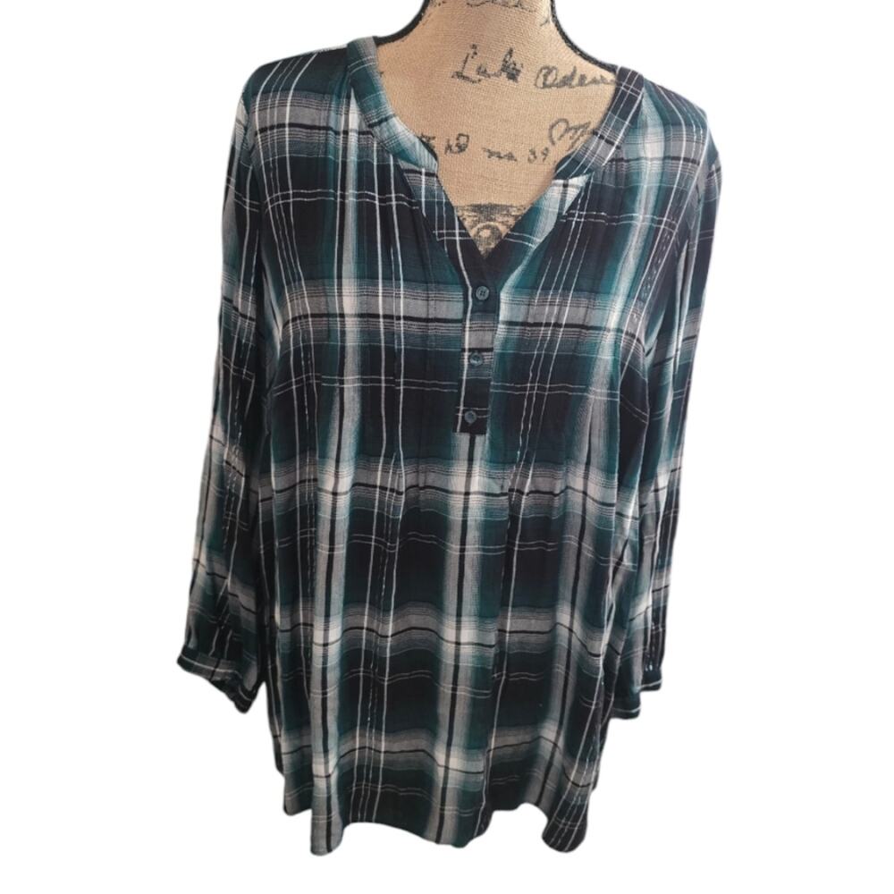 Lane Bryant Real Black Silver Plaid Long Sleeve Shirt Plus Size 18 20 2X